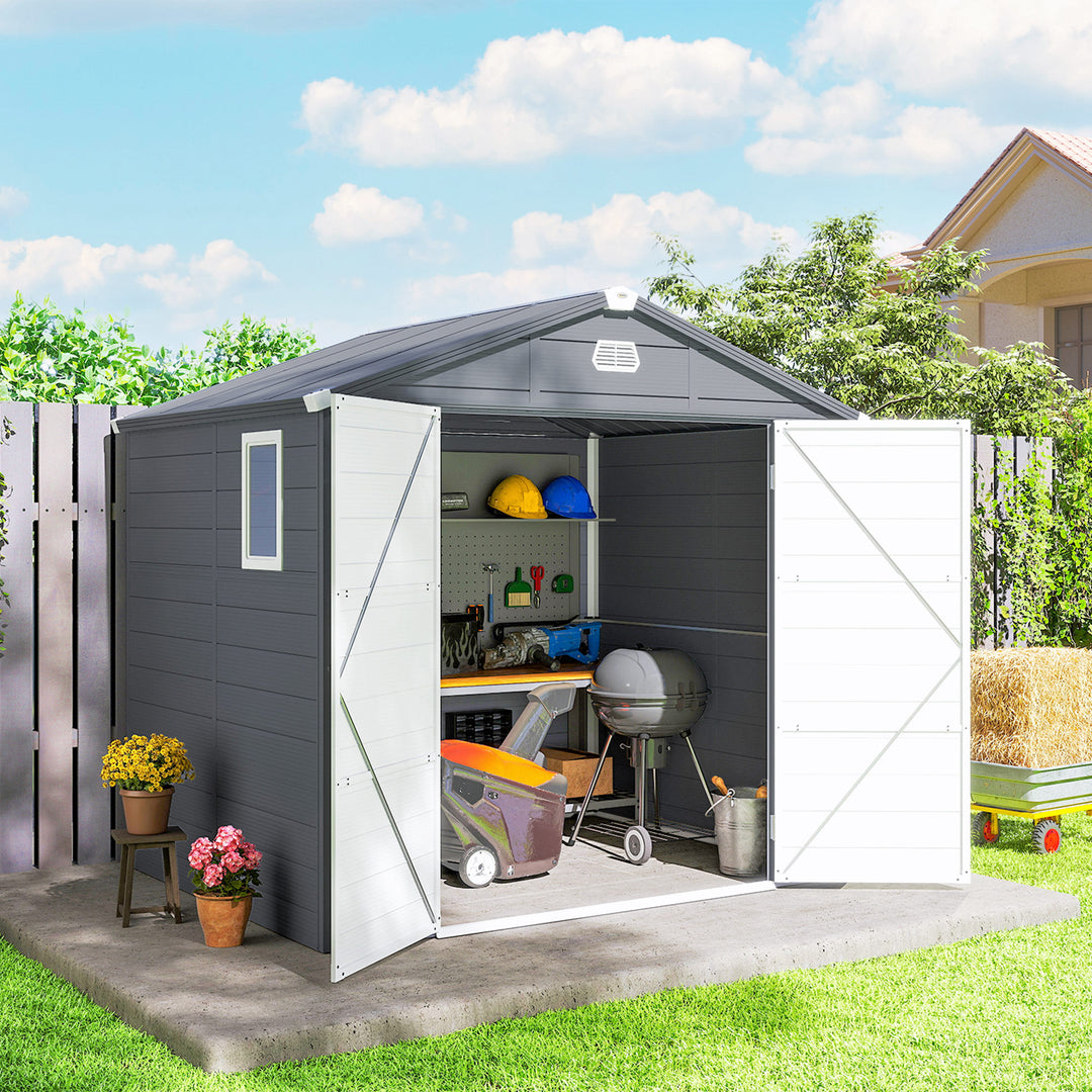 Outsunny 8' x 6' Plastic Garden Storage Shed with Latch Door, Vents, Sloped Roof, Light Grey