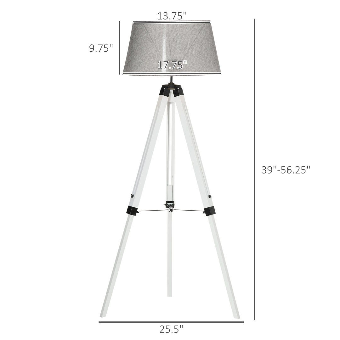 HOMCOM Tripod Floor Lamp, Adjustable Height Wooden Standing Lamp with E26 Lamp Base for Living Room, Bedroom, White and Grey