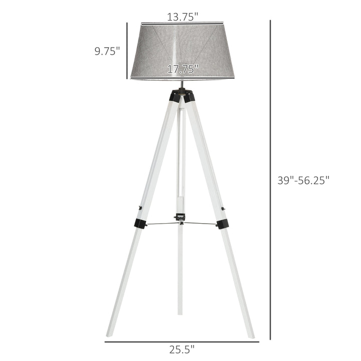 HOMCOM Tripod Floor Lamp, Adjustable Height Wooden Standing Lamp with E26 Lamp Base for Living Room, Bedroom, White and Grey