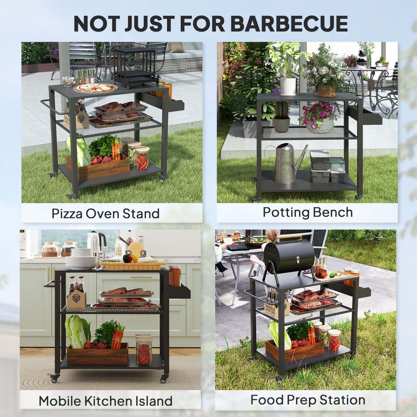 Outsunny 3-Shelf Outdoor Grill Cart Table with Foldable Side Table and Stainless Steel Table Top, Pizza Oven Stand on Wheels