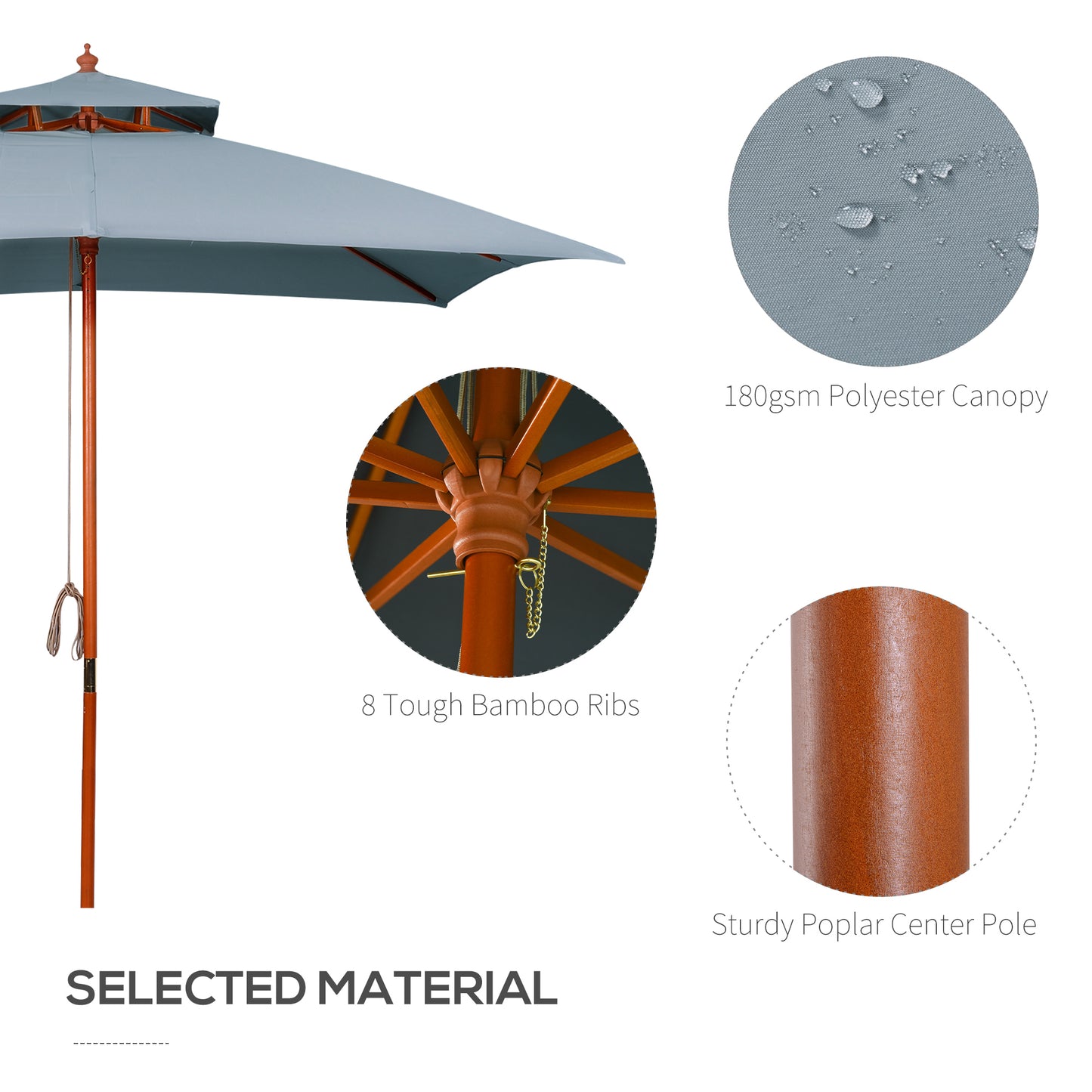 Outsunny 10x10ft Garden Market Parasol Wood Square Patio Umbrella Sunshade Canopy with 2 Pulley Pagoda Style Dark Grey