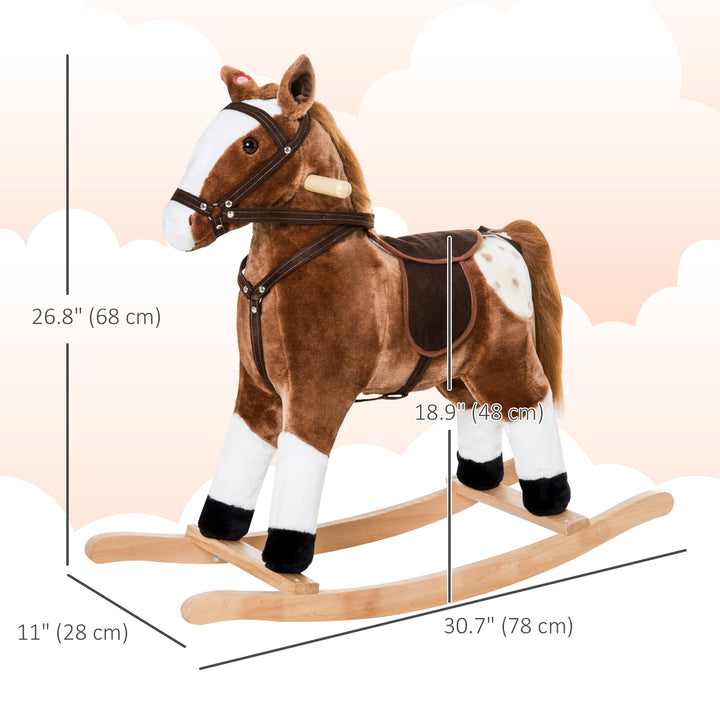 Qaba Baby Rocking Horse, Children Plush Animal Rocker, Kid Ride on Toy with Realistic Sound,  Handle Grip, Brown