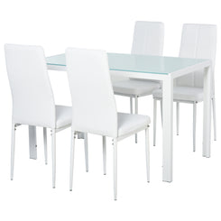 HOMCOM 5-Piece Rectangular Glass Kitchen Table and Chairs with Metal Frame and Faux Leather Upholstery for Dining Room, White
