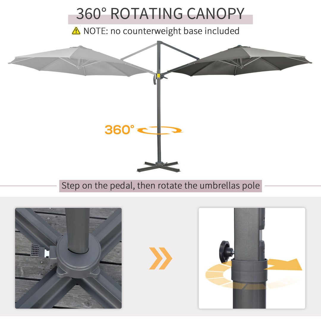 Outsunny 9.6' Cantilever Patio Umbrella Outdoor Hanging Offset Umbrella, Cross Base, 360° Rotation Aluminum Poles, Grey