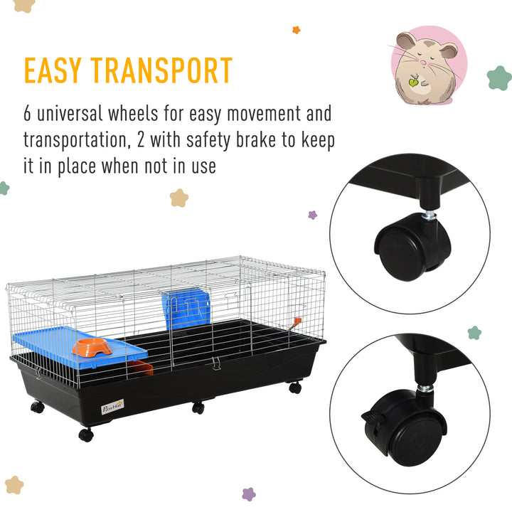 PawHut Small Animal Cage, Rolling Bunny Cage, Guinea Pig Cage with Food Dish, Water Bottle, Hay Feeder, Platform, Ramp, Green