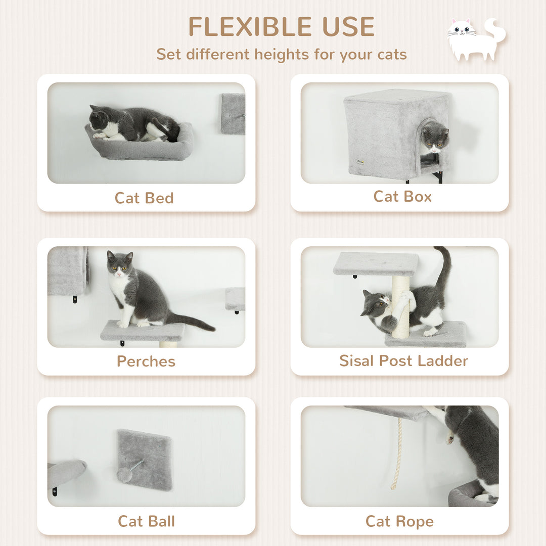 PawHut Cat Wall Shelves Set of 7, Shelves and Perches with House, Sisal Post Ladder, Bed & Ball, Grey