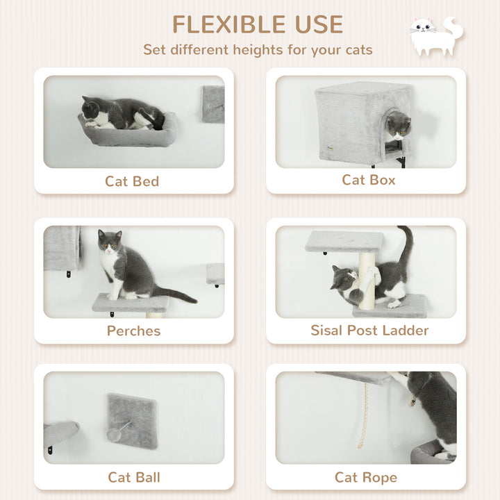 PawHut Cat Wall Shelves Set of 7, Shelves and Perches with House, Sisal Post Ladder, Bed & Ball, Grey
