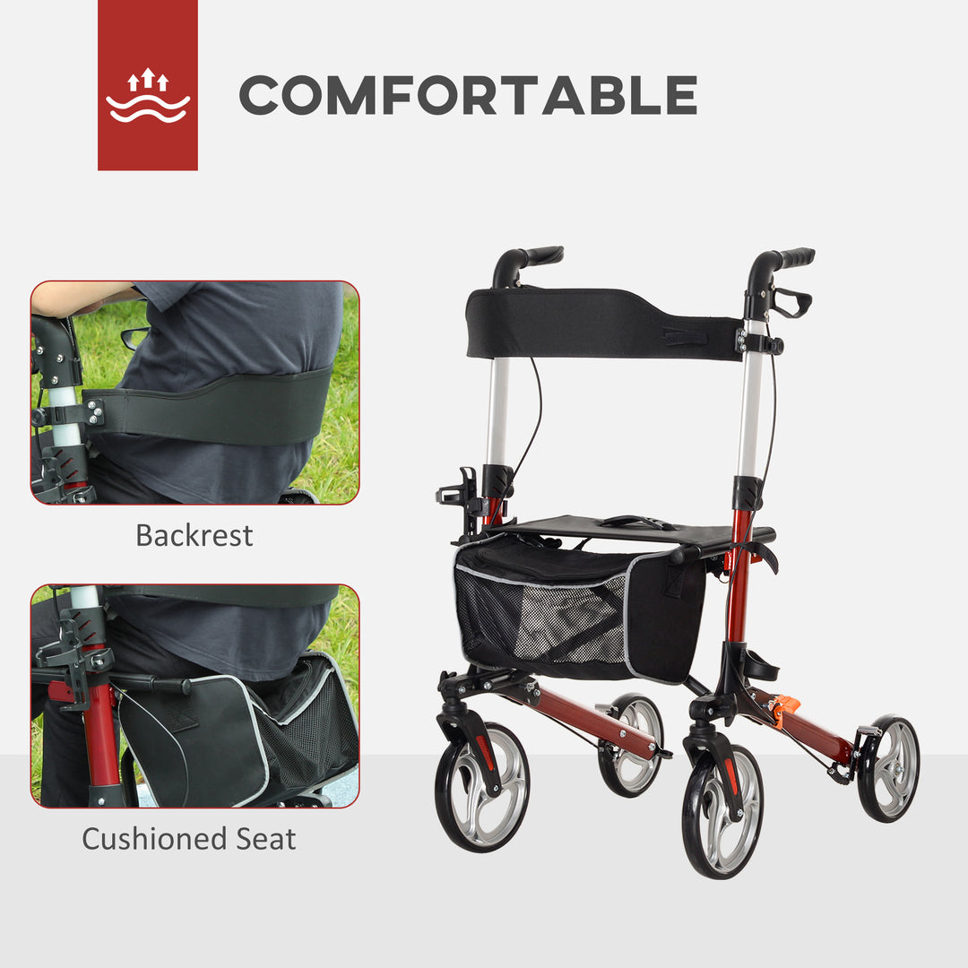 HOMCOM Lightweight Folding Rolling Walker with Large Seat, Back, Adjustable Handle, Bag, Dual Brake, Cane Holder, Red