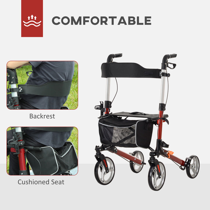 HOMCOM Lightweight Folding Rolling Walker with Large Seat, Back, Adjustable Handle, Bag, Dual Brake, Cane Holder, Red