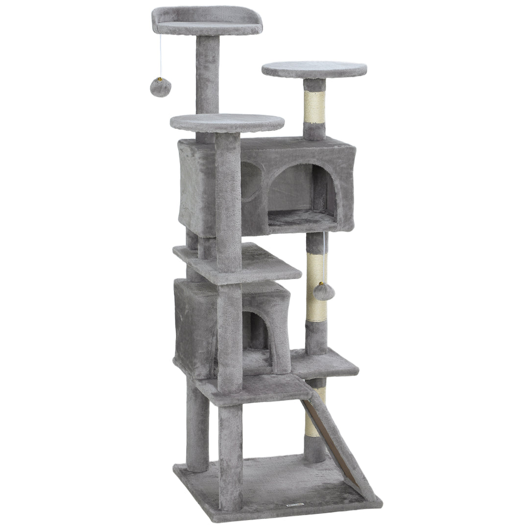 PawHut 54" Cat Tree, Multi-Level Cat Tower with Scratching Posts, Cat Condos, Bed, Platforms, Ramp, Toy Ball, Dark Blue