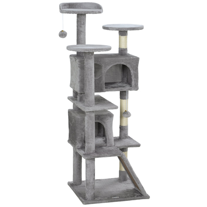 PawHut 54" Cat Tree, Multi-Level Cat Tower with Scratching Posts, Cat Condos, Bed, Platforms, Ramp, Toy Ball, Dark Blue
