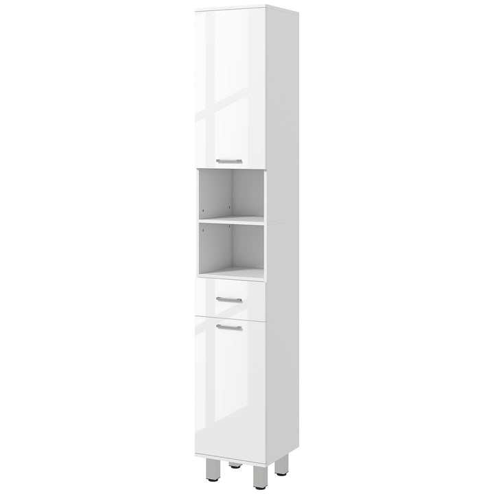 kleankin 71" Tall Bathroom Storage Cabinet, Narrow Linen Tower with Drawer, Open Shelves, 2 Doors Cabinets and Adjustable Shelves, High Gloss White