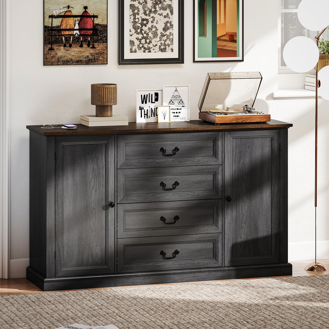 HOMCOM Farmhouse Sideboard with Charging Station, 58" Buffet Cabinet, Kitchen Storage Cabinet with 4 Drawers, 2 Doors, Black