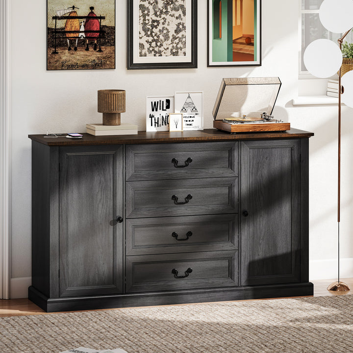 HOMCOM Farmhouse Sideboard with Charging Station, 58" Buffet Cabinet, Kitchen Storage Cabinet with 4 Drawers, 2 Doors, Black