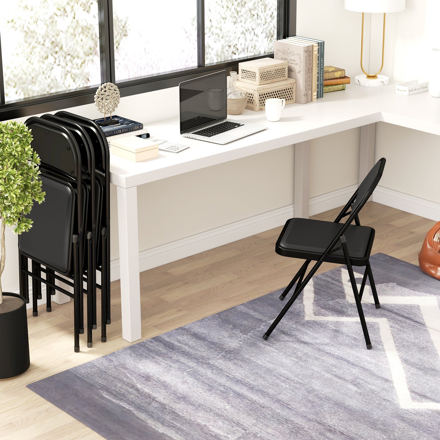 HOMCOM Set of 2 Metal Foldable Chairs, PU Leather Padded Folding Chairs with Cushion Seat and Open Back for Indoor, Black