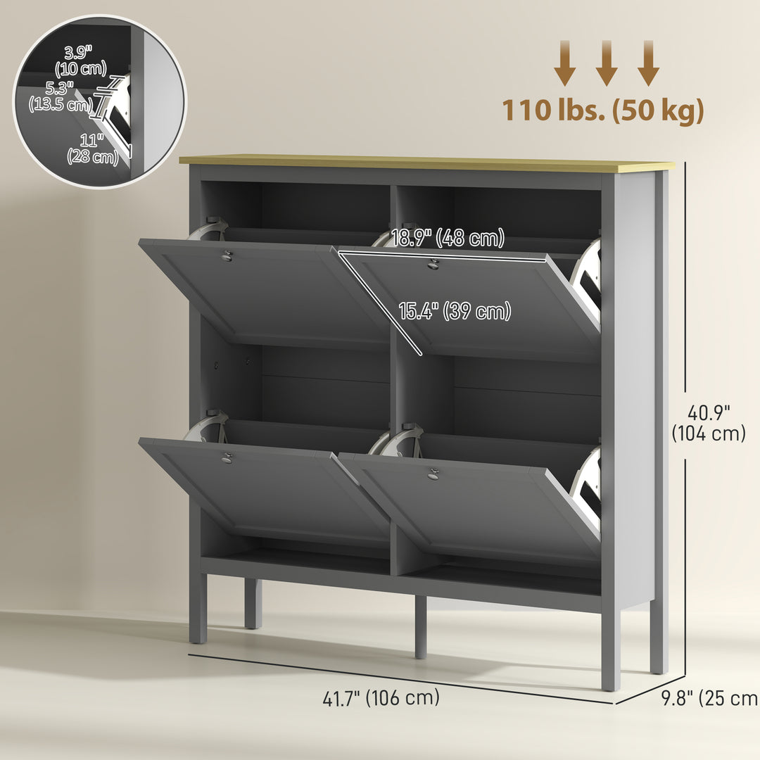 HOMCOM Entryway Shoe Storage Cabinet with 4 Flip Drawers, Adjustable Shelves, Narrow Shoe Cabinet for 20 Pairs of Shoes, Grey