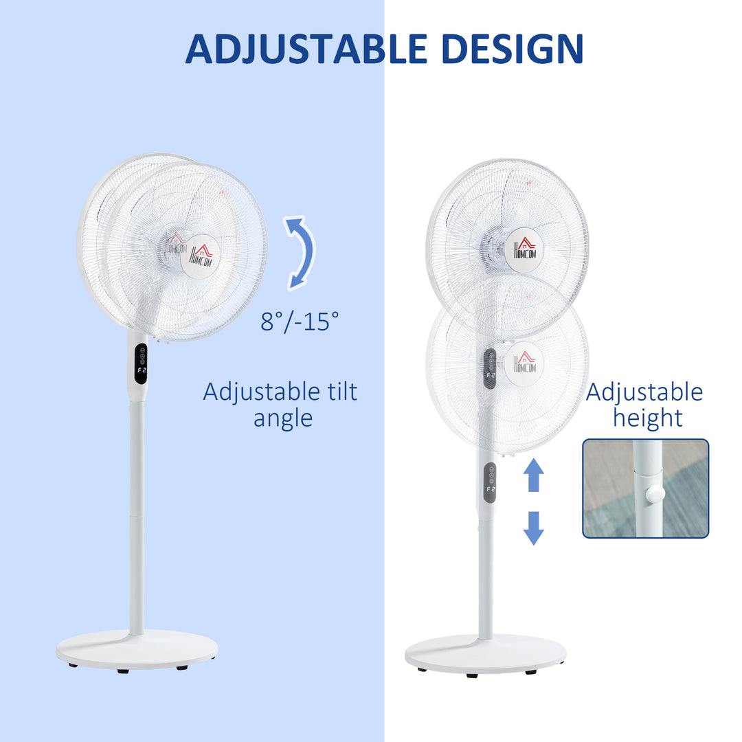 HOMCOM Floor Standing Fan with Remote Control, Oscillating, LED Screen, Stand Up Cooling Fan, Tall Pedestal Electric Fan for Home Bedroom, White
