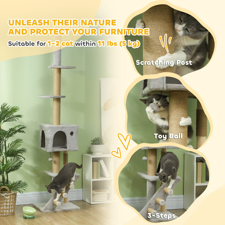PawHut 89"-100" Floor to Ceiling Cat Tree with Scratching Post, Cat House, 3-Steps, Hanging Ball, Perches, Anti-tip Kit, Brown