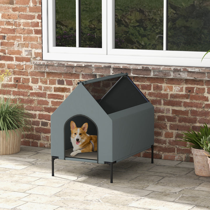 PawHut Dog House Outdoor Elevated Dog Bed with Removable Cover, Mesh Windows, Storage Bag, for S and M-Sized Dogs, Grey