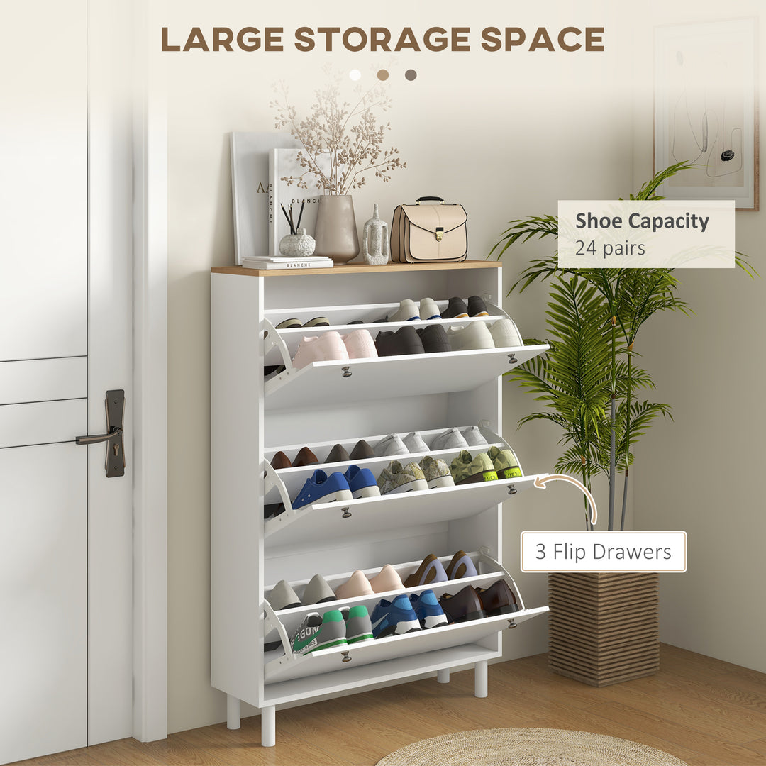 HOMCOM Entryway Shoe Storage Small Modern Flip-Flop Shoe Cabinet with 3 Flip Drawers Adjustable Shelves for 24 Pairs of Shoes, White