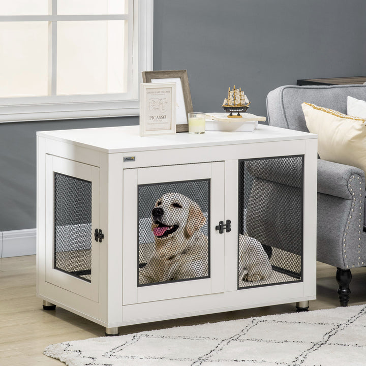 PawHut Pet Crate End Table with Water-resistant Cushion or Large Medium Dogs, White