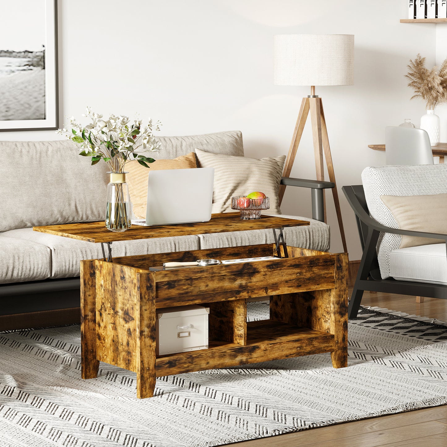 HOMCOM Lift Top Coffee Table with Hidden Storage Compartment and Open Shelves, Lift Tabletop Pop-Up Center Table for Living Room, White