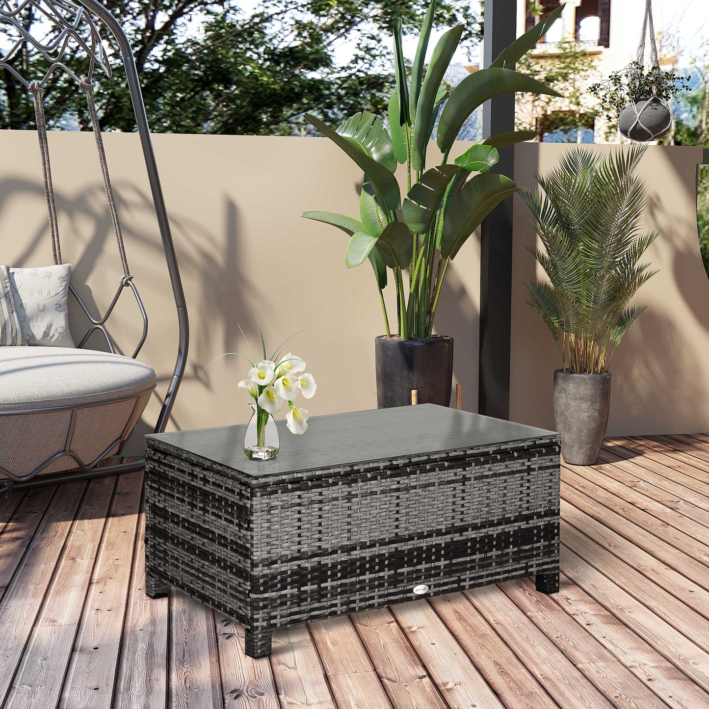 Outsunny Outdoor PE Rattan Wicker Table, Patio Garden Side Table w/Glass Top for Patio, Balcony, Mixed Grey