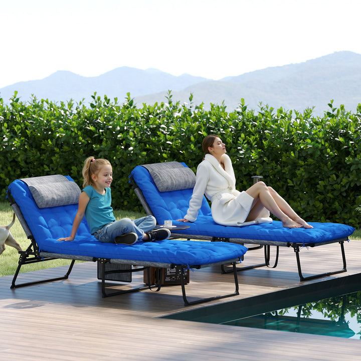 Outsunny 2 Pieces Folding Lounge Chairs with 4-level Reclining Back, Outdoor Tanning Chair with Cushion, Sun Lounger with Breathable Mesh Fabric, Side Pocket, Headrest, Blue