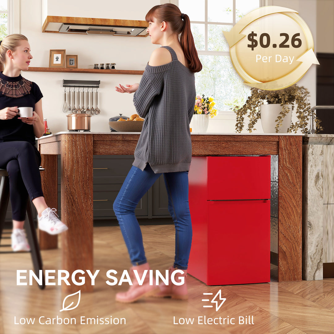 HOMCOM 3.2 Cu Ft Compact Refrigerator, Mini Fridge with Freezer, Adjustable Shelves and Reversible Doors for Bedroom, White