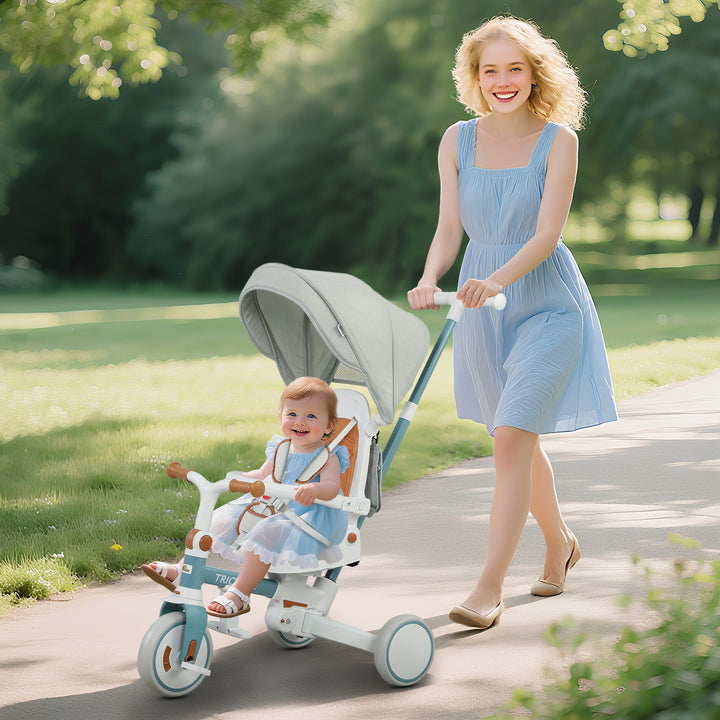 Qaba 7 in 1 Toddler Tricycle with Safety Harness, Adjustable & Removable Parent Handle, Canopy, Storage Bag, Brake, Pink