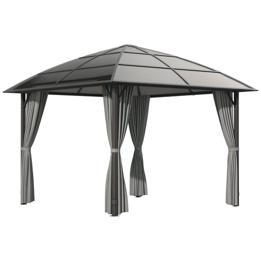 Outsunny 10' x 10' Outdoor Gazebo Canopy, Hardtop Gazebo withÂ UV60+ Polycarbonate Roof, Steel Frame, Central Hook, andÂ Curtains, forÂ Garden,Â Lawn,Â Backyard,Â Deck, Dark Grey