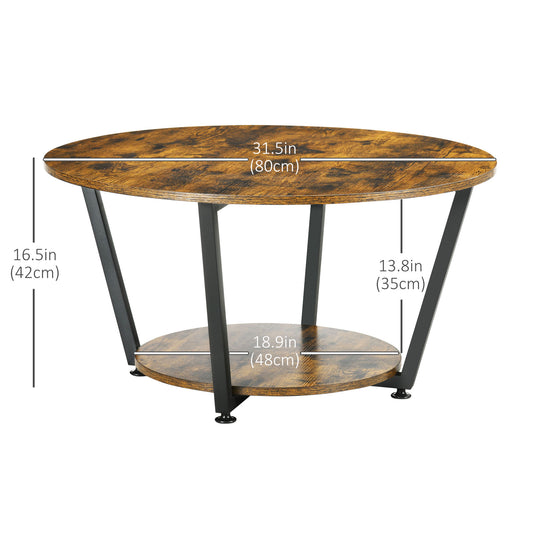 HOMCOM 2-Tier Round Coffee Table with Storage Shelf, Industrial Center Table with Steel Frame for Living Room, Rustic Brown