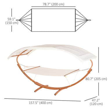 Outsunny 2 Person Wood Swing Arc Hammock Bed and Stand Set with Canopy, White/Teak