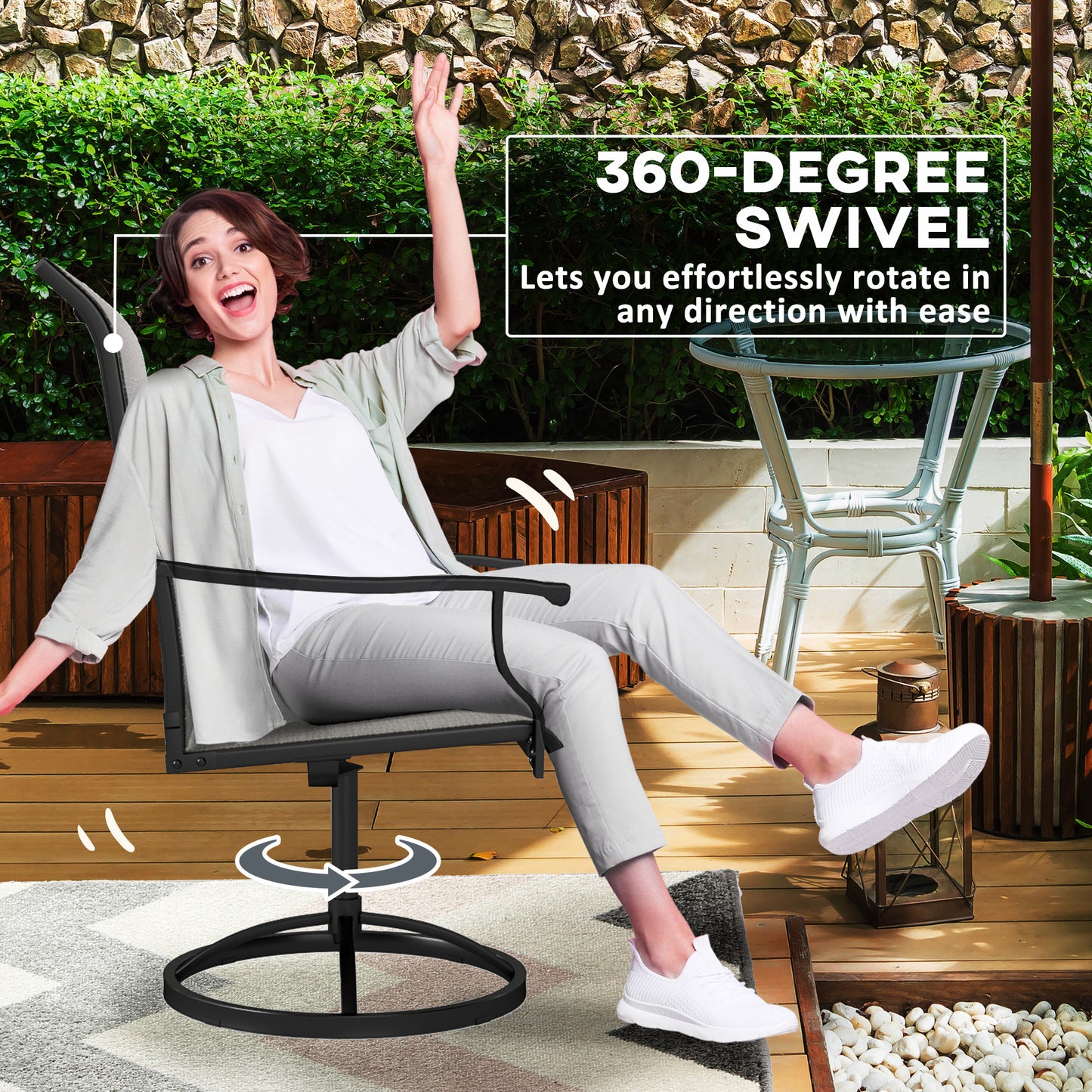 Outsunny Outdoor Swivel Dining Chairs Set of 2, High Back Swivel Chairs with All Weather Mesh for Deck, Backyard, Poolside, Grey