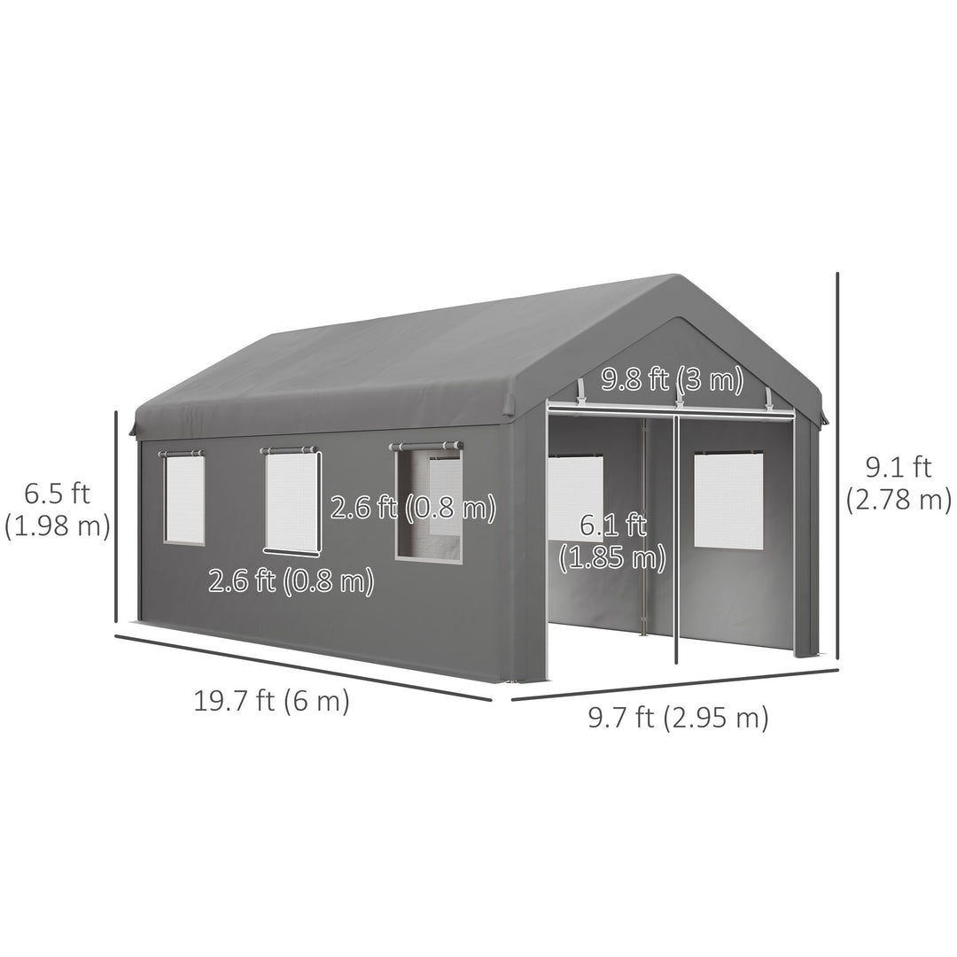 Outsunny 10' x 20' Carport, Heavy Duty Portable Garage with 6 Mesh Windows and 2Doors, Gey