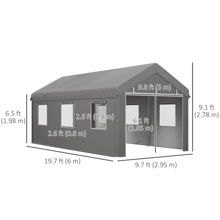 Outsunny 10' x 20' Carport, Heavy Duty Portable Garage with 6 Mesh Windows and 2Doors, Gey
