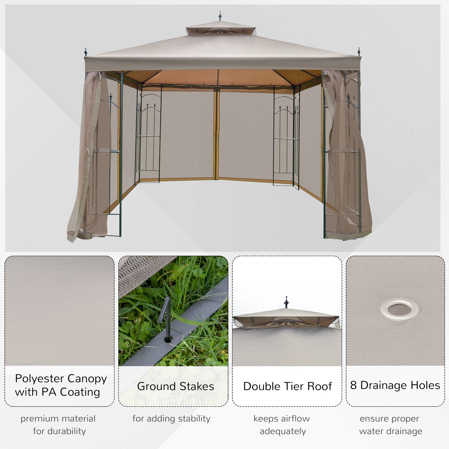 Outsunny 10' x 10' Steel Outdoor Patio Gazebo Canopy with Removable Mesh Curtains, Display Shelves, & Steel Frame, Grey