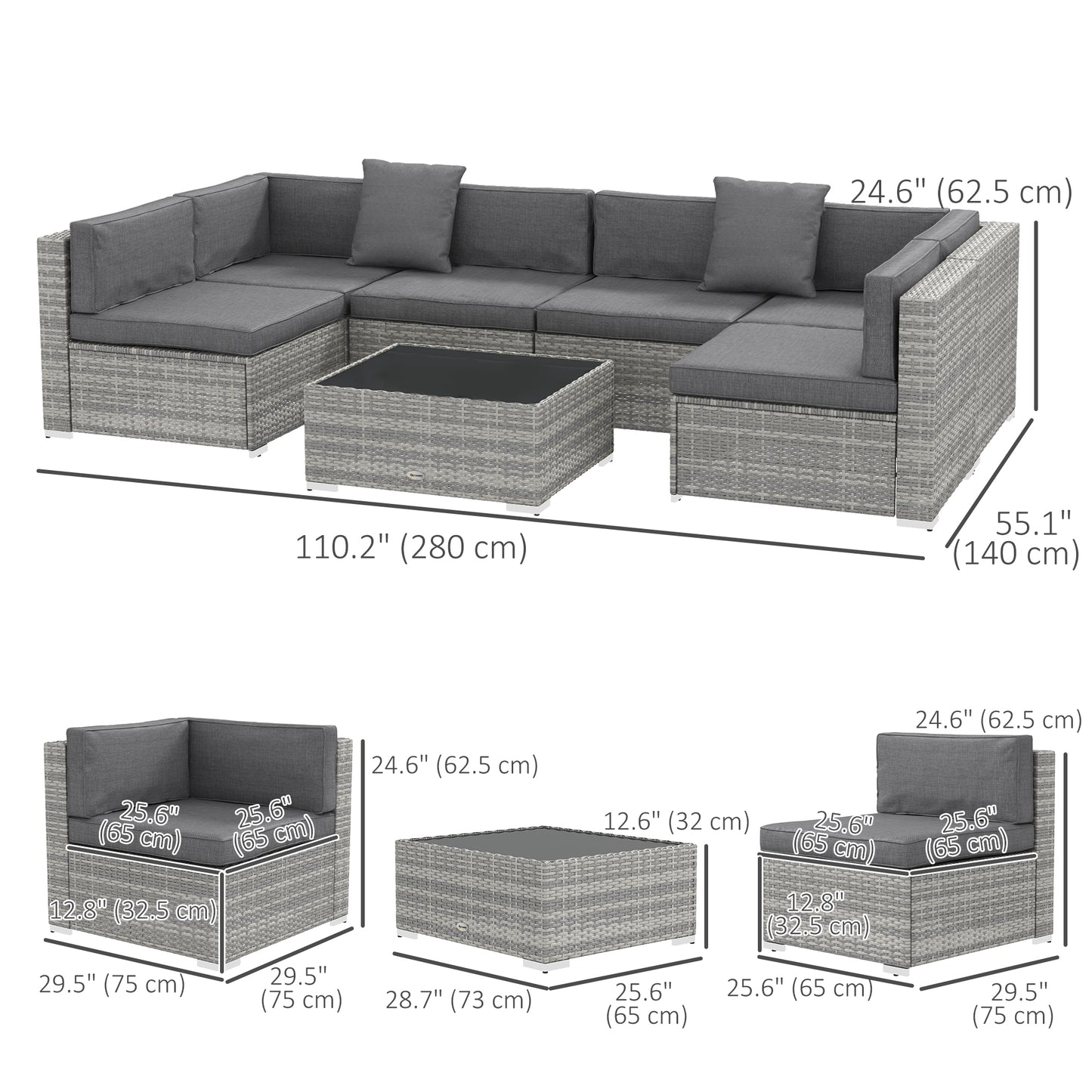 Outsunny 7pcs Garden Wicker Sectional Set w/ Tea Table Patio Rattan Lounge Sofa with Cushion for Outdoor Deck Orange