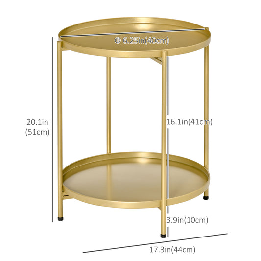 HOMCOM 2-Tier Gold Side Table, Round Nightstand with Removable Trays Folding Metal Frame Adjustable Foot End Table for Living Room Bedroom