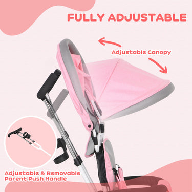 Qaba 6 in 1 Toddler Tricycle Stroller with Basket, Canopy, 5-point Safety Harness, for 12-60 Months, Pink