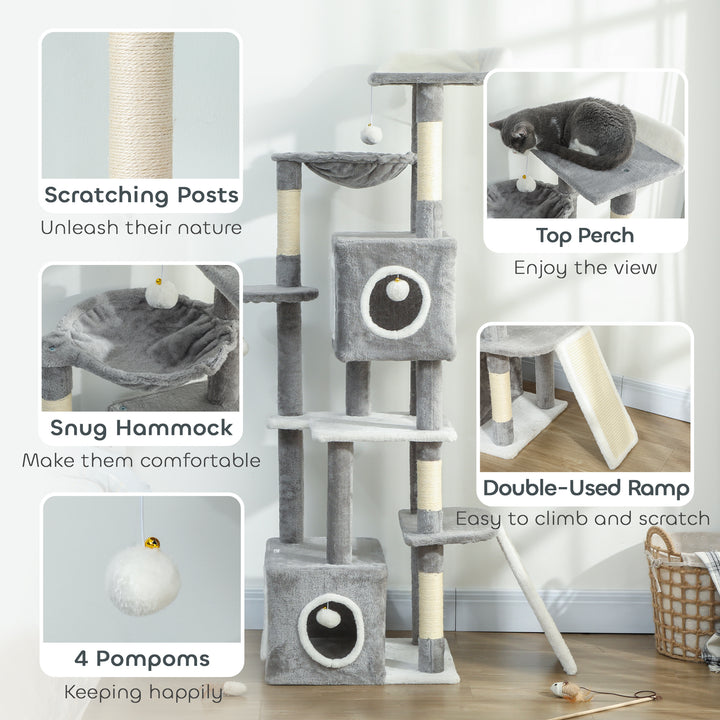 PawHut 65 Inch Cat Tree with 2 Doors Condos, Plush Top Perch, Hammock, Sisal Scratching Posts, 4 Pompoms, Ramp, White
