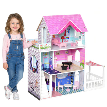 Qaba 2.9ft Kids Wooden Dollhouse Dreamhouse Villa with Patio Dollhouse with Furniture Accessories Kit for Toddler Girls Multi-level House for Children Pink