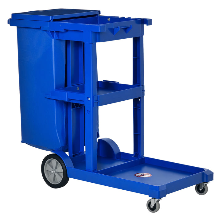 HOMCOM Commercial Janitorial Cart with 3 Tier Shelves Professional Cleaning Trolley with Rubbish Bag with Lid and Mop Mount for Hotel, Restaurant, Office,  47.75"x20"x39.25", Blue