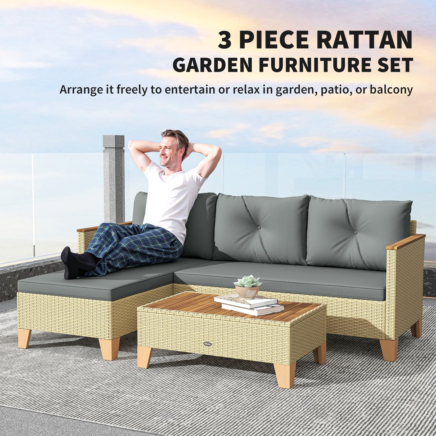 Outsunny 3 Piece Patio Furniture Set, L-Shaped Outdoor Furniture Conversation Set with Wood Top Coffee Table, Light Grey