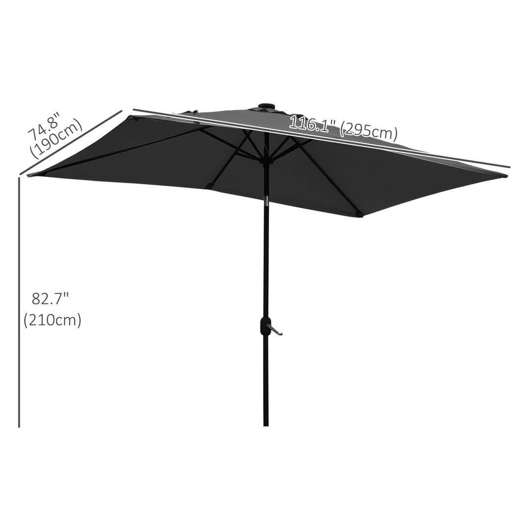 Outsunny 6' x 10' Patio Umbrella with 22 LED Solar Lights and Tilt, Rectangular Outdoor Table Umbrella with Crank, Dark Grey