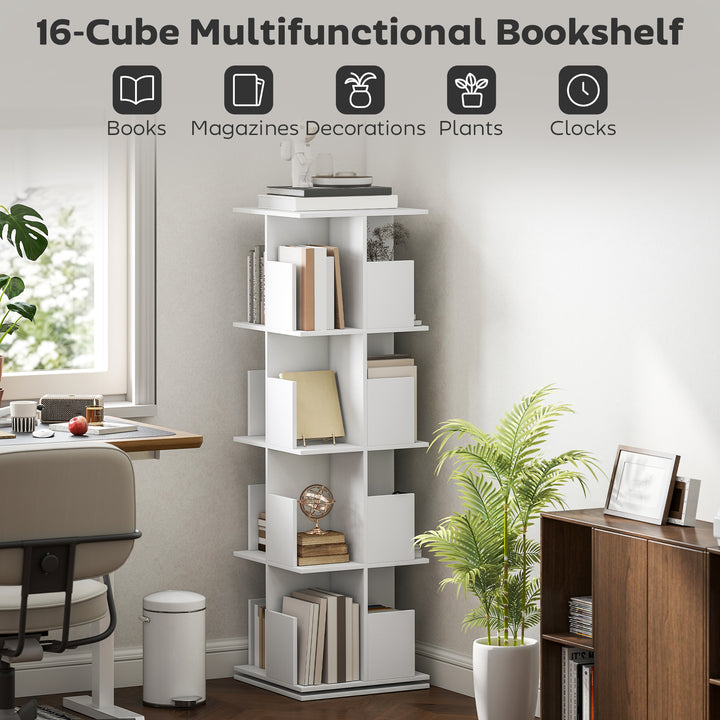 HOMCOM 360° Rotating Bookcase, 4 Tier Bookshelf with 16 Cubbies for Small Space, Living Room, Bedroom, Study, Black Wood Grain