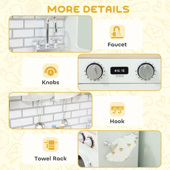 Qaba Pretend Play Kitchen for Kids, Pretend Kids Kitchen Playset with Switch Knob Sound, Clock, for Ages 3-6 Years, White