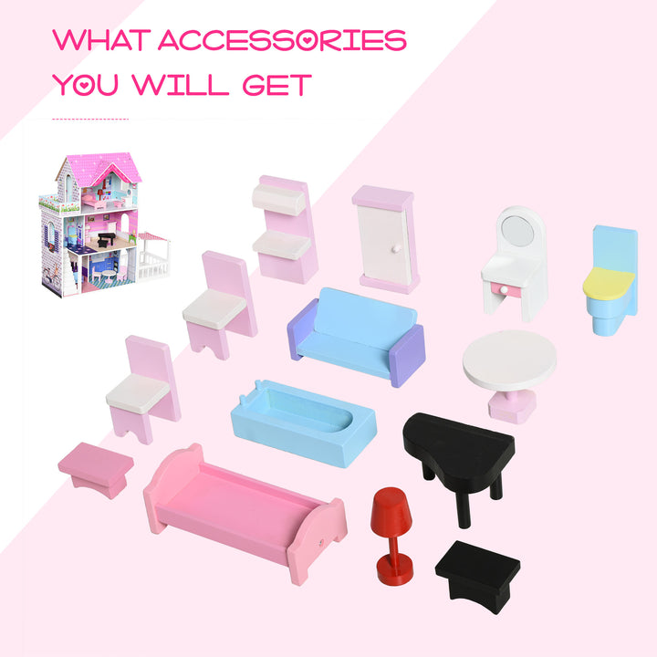 Qaba 2.9ft Kids Wooden Dollhouse Dreamhouse Villa with Patio Dollhouse with Furniture Accessories Kit for Toddler Girls Multi-level House for Children Pink