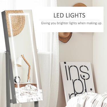 HOMCOM Lockable Jewellery Armoire with LED Light, Standing Mirror with Storage for Bedroom Dressing Room, Grey