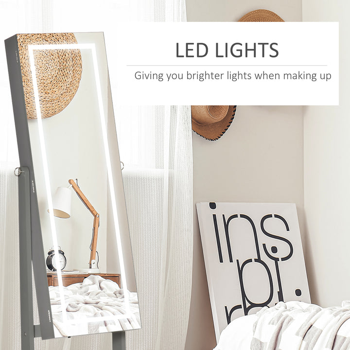 HOMCOM Lockable Jewellery Armoire with LED Light, Standing Mirror with Storage for Bedroom Dressing Room, Grey